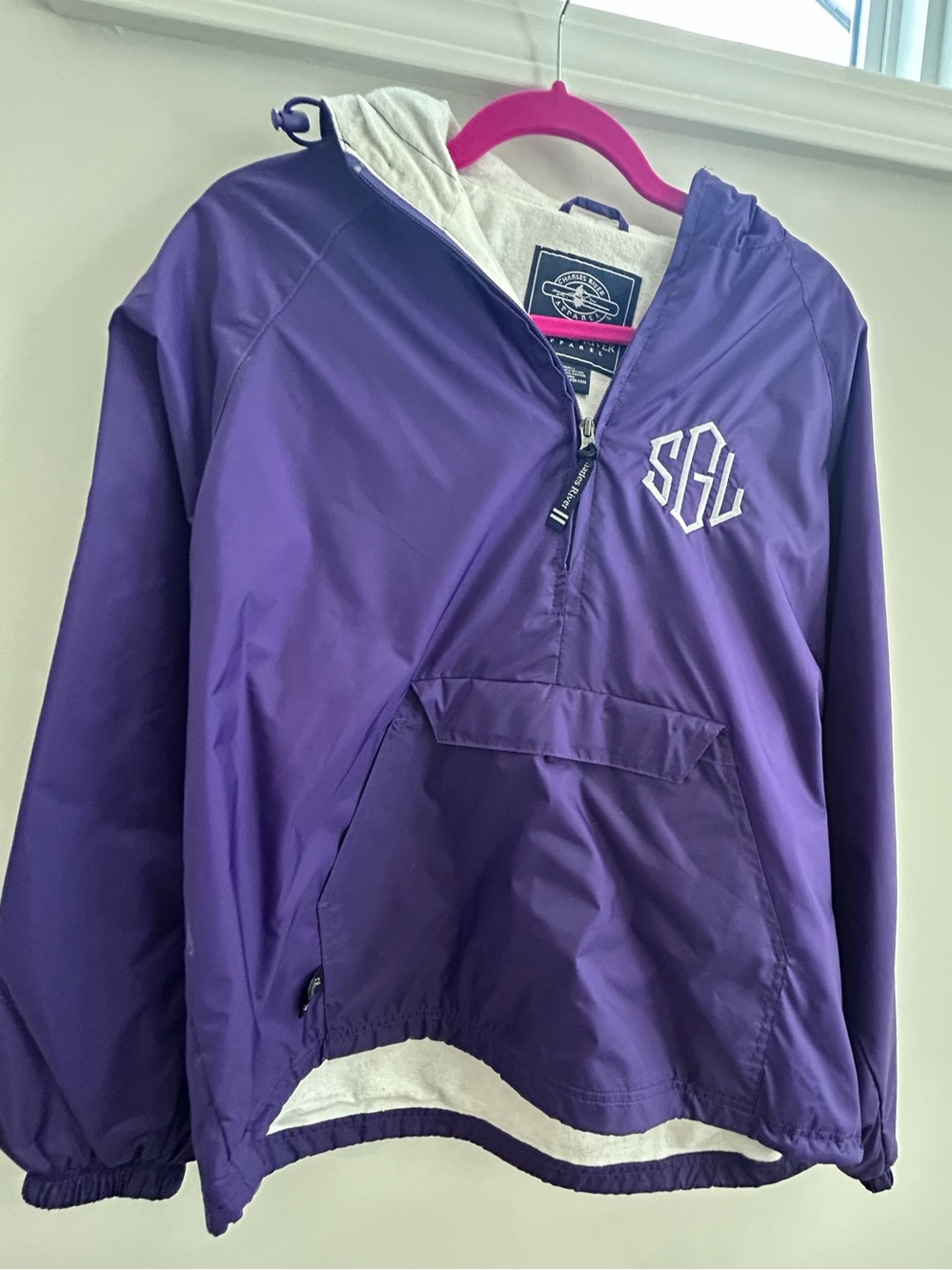 Women’s Charles River Apparel Purple Pullover Rain Hoodie with monogram SGL Sm